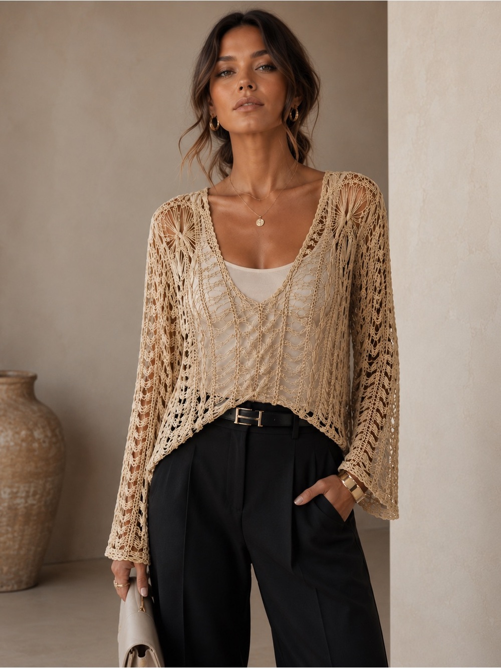 RENJO Open-Knit Crochet Top — Size Large